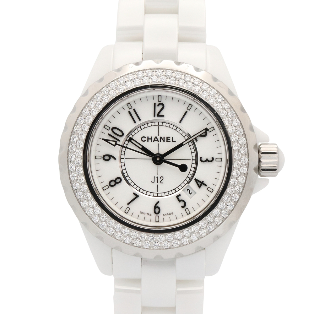 Chanel J12 Diamond Bezel Watch, Ceramic, Diamond, Ladies, White (H0967)